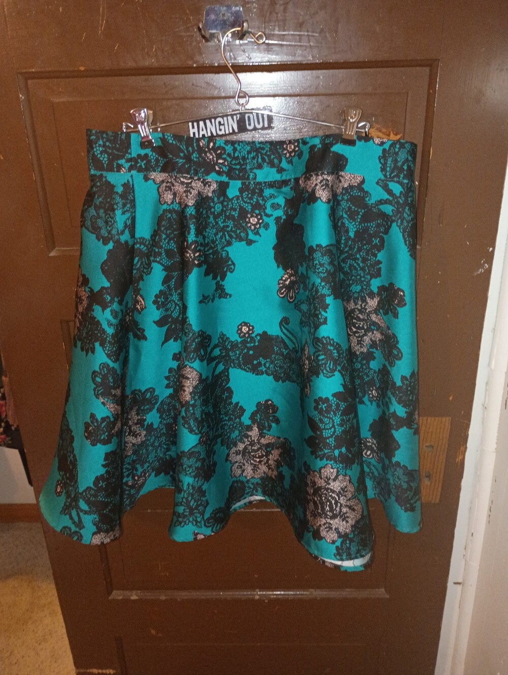 EUC Maurices Women’s Turquoise Black Lace Print A-Line Knee Length Skirt XL